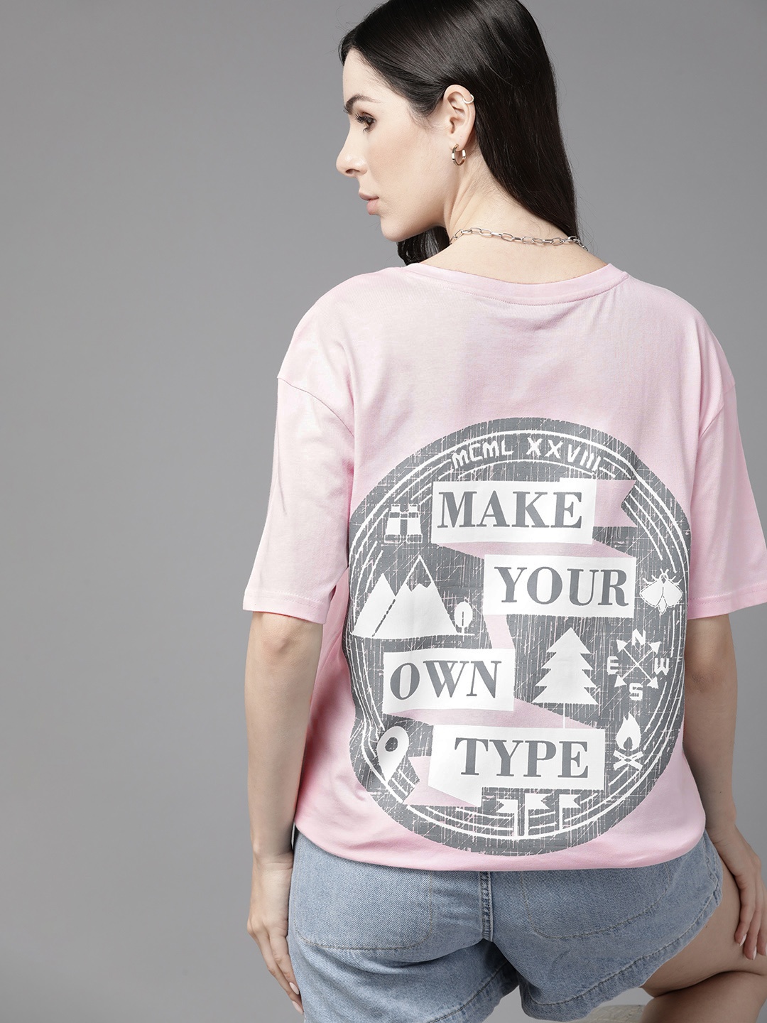

Roadster Women Printed Drop-Shoulder Sleeves Pure Cotton T-shirt, Pink