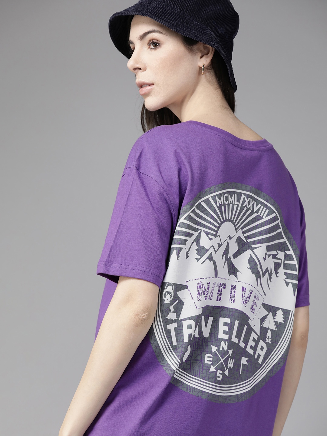 

Roadster Women Printed Drop-Shoulder Sleeves Pure Cotton T-shirt, Purple