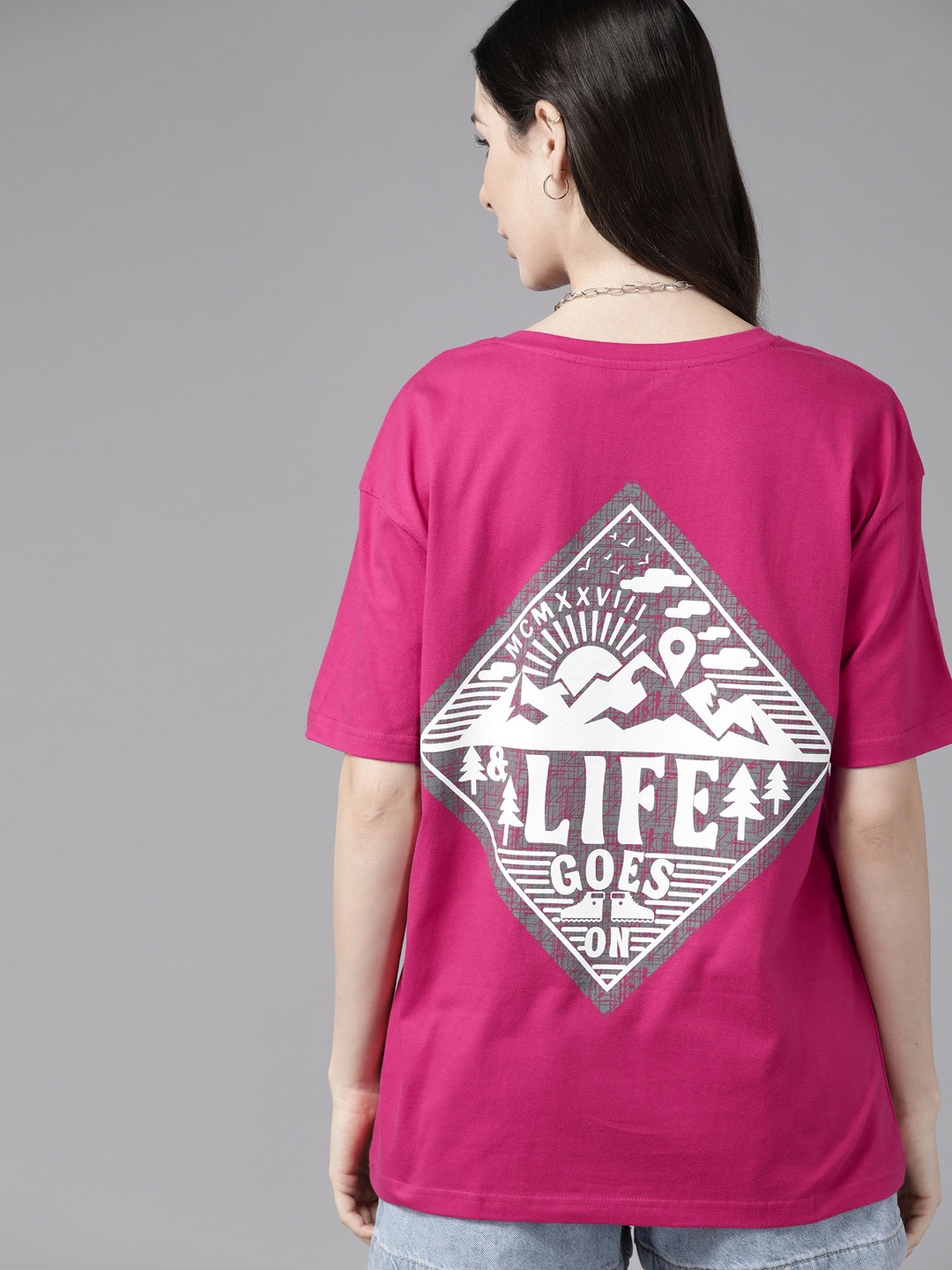 

Roadster Women Printed Drop-Shoulder Sleeves Pure Cotton T-shirt, Fuchsia