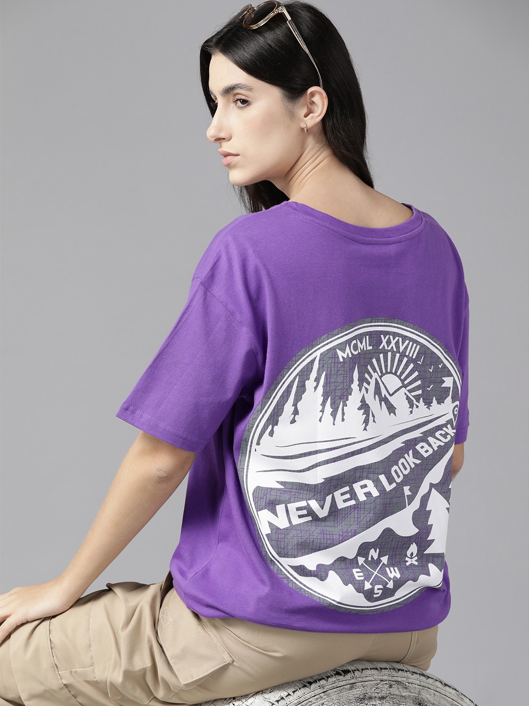 

Roadster Women Printed Drop-Shoulder Sleeves Pure Cotton T-shirt, Purple