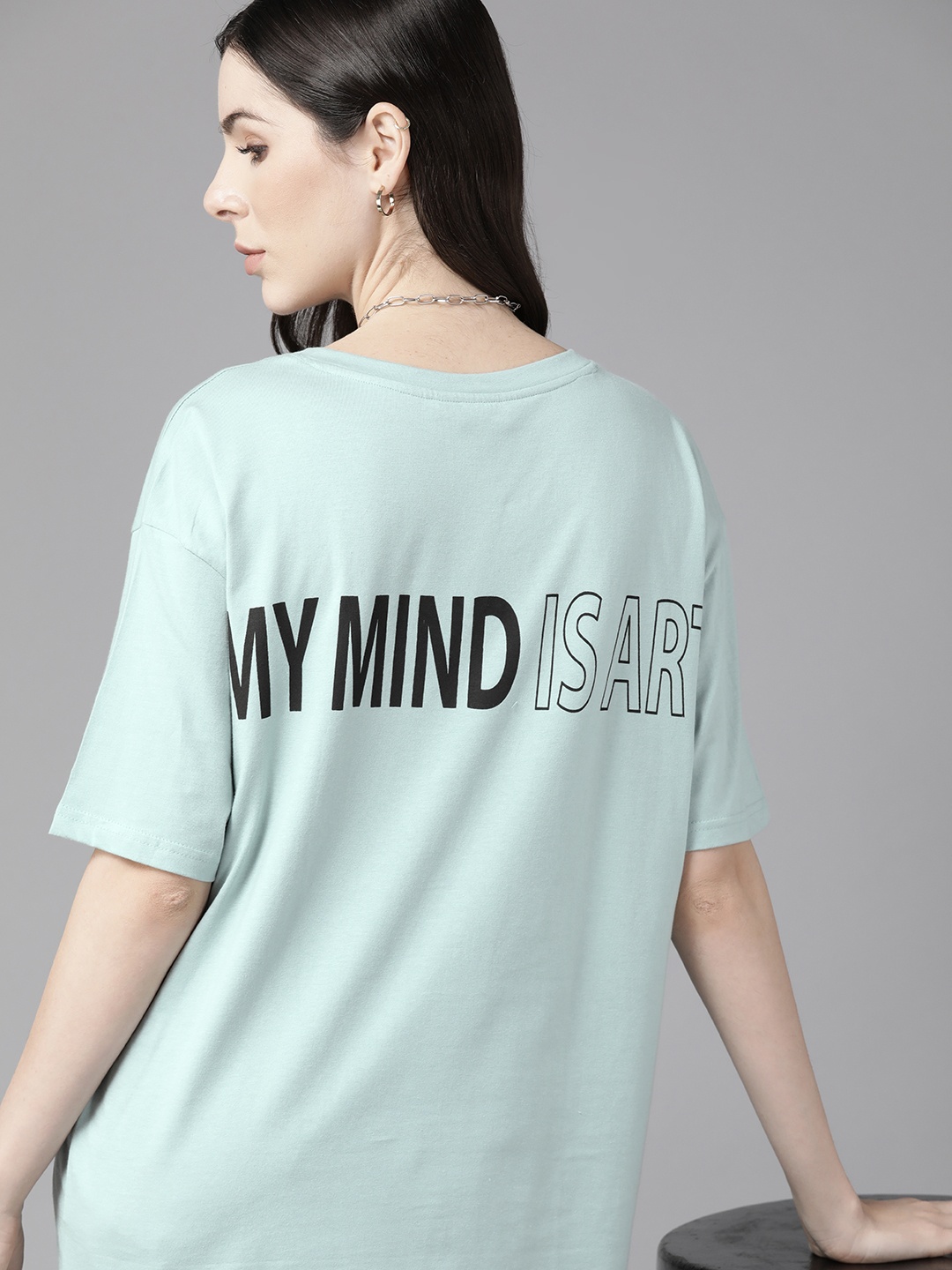 

Roadster Women Typography Printed Drop-Shoulder Sleeves Pure Cotton T-shirt, Sea green