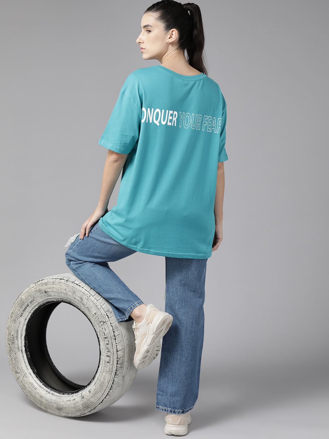 

Roadster Women Typography Printed Pure Cotton T-shirt, Turquoise blue