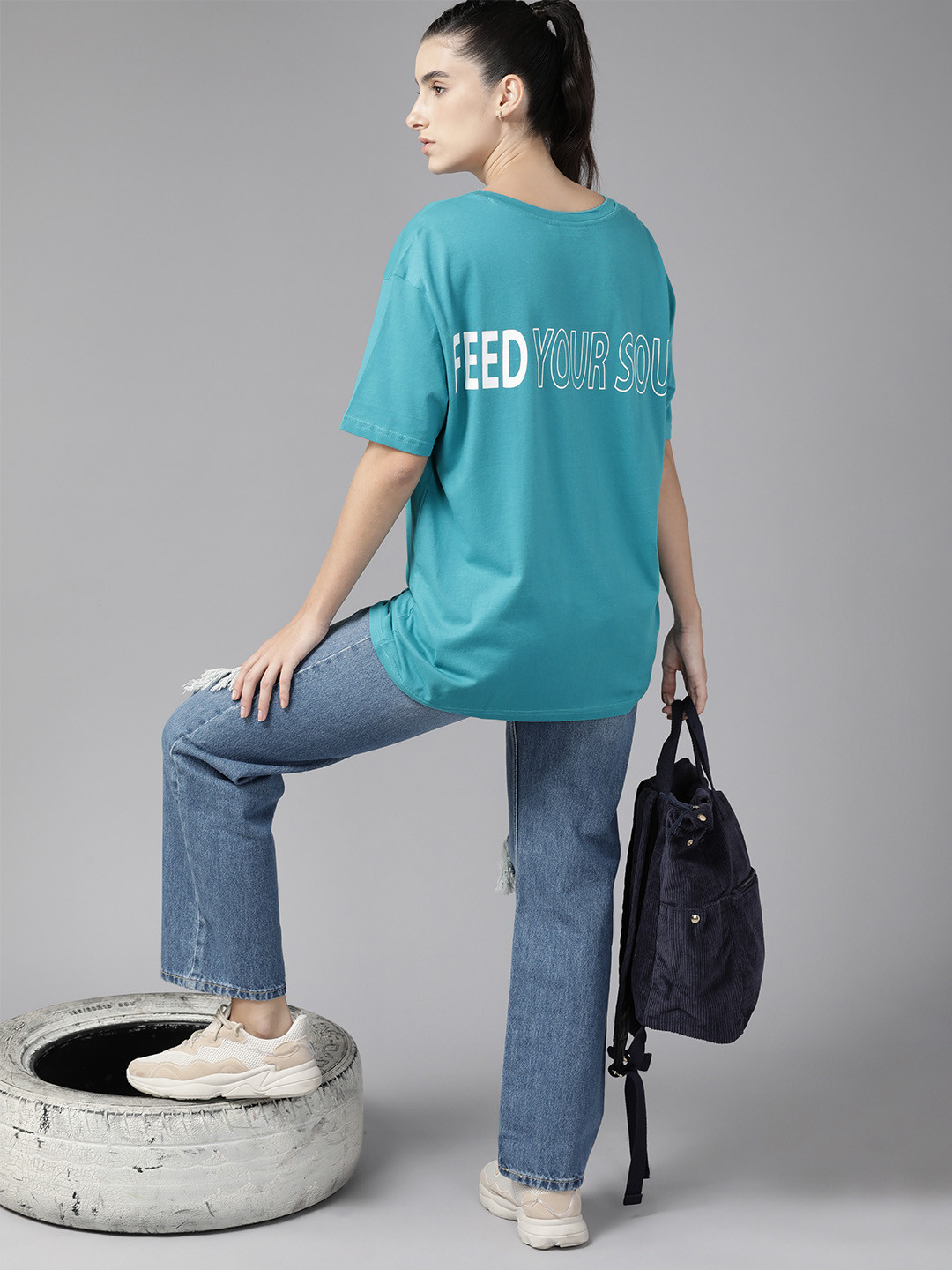

Roadster Women Typography Printed Drop-Shoulder Sleeves Pure Cotton T-shirt, Turquoise blue