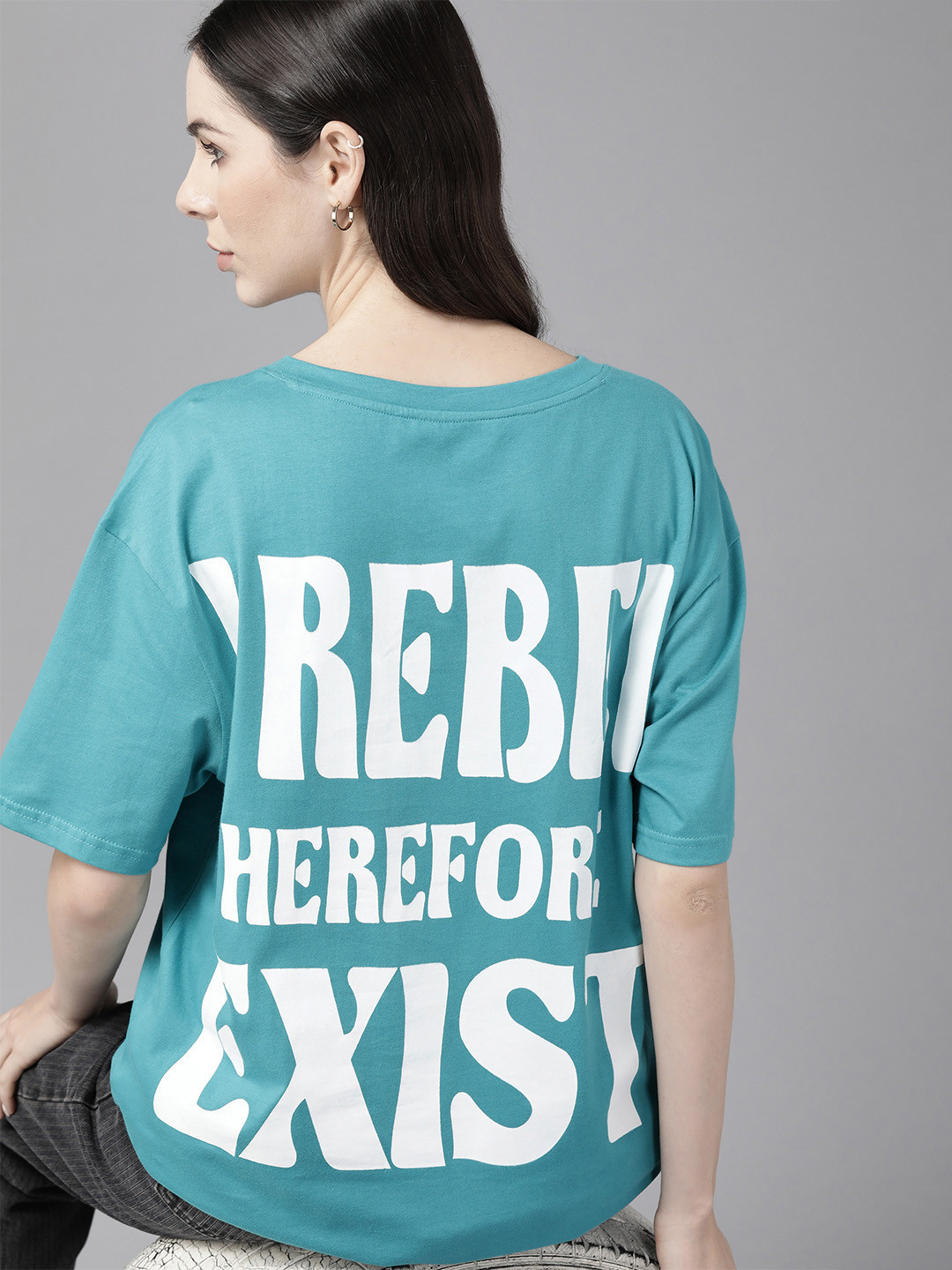 

Roadster Women Typography Printed Drop-Shoulder Sleeves Pure Cotton T-shirt, Turquoise blue