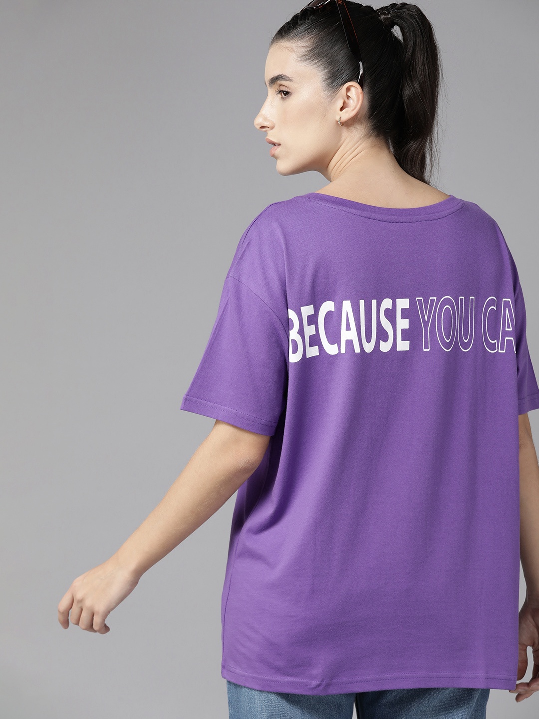 

Roadster Women Typography Printed Drop-Shoulder Sleeves Pure Cotton T-shirt, Purple