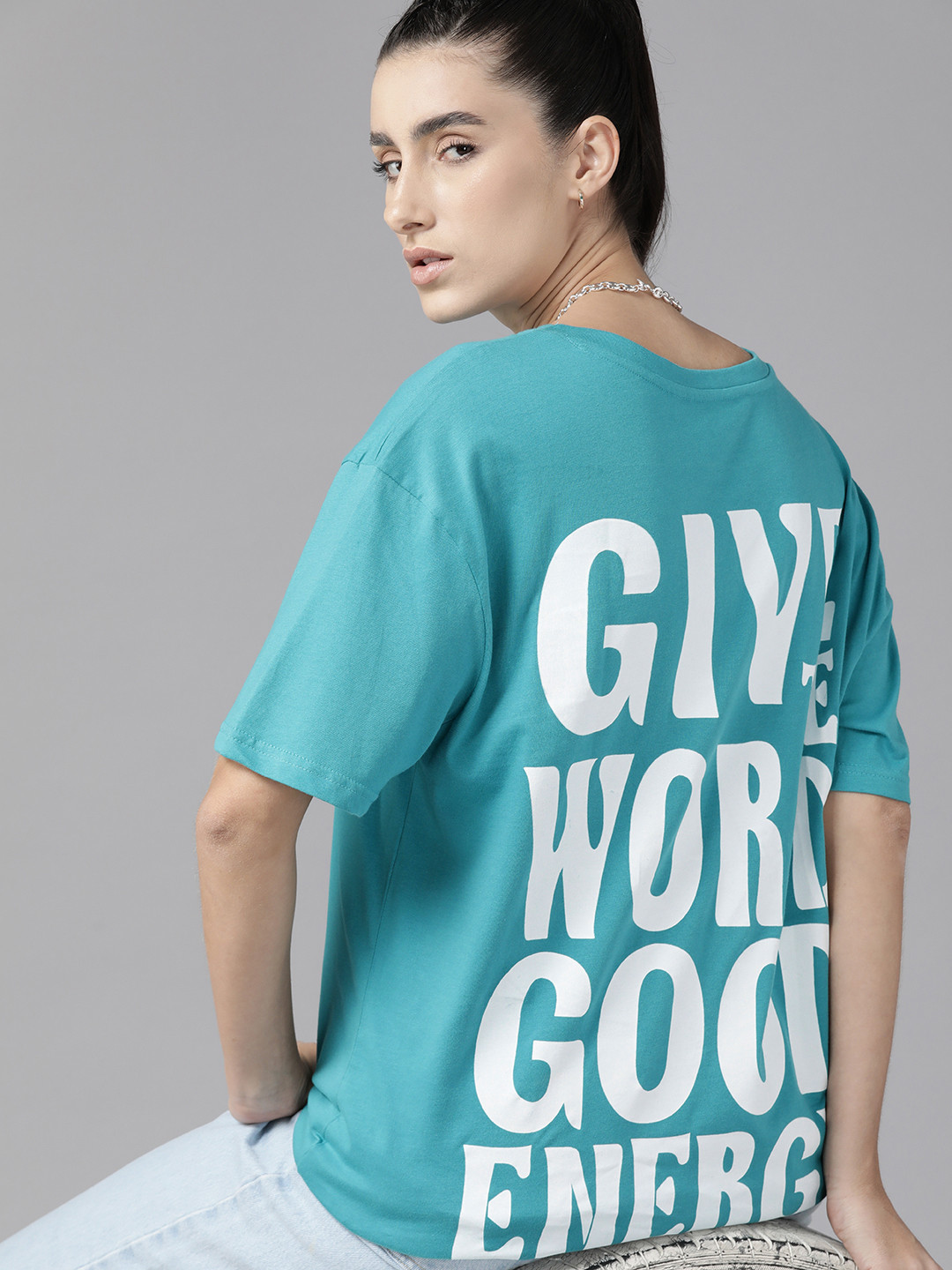 

Roadster Women Typography Printed Drop-Shoulder Sleeves Pure Cotton T-shirt, Turquoise blue