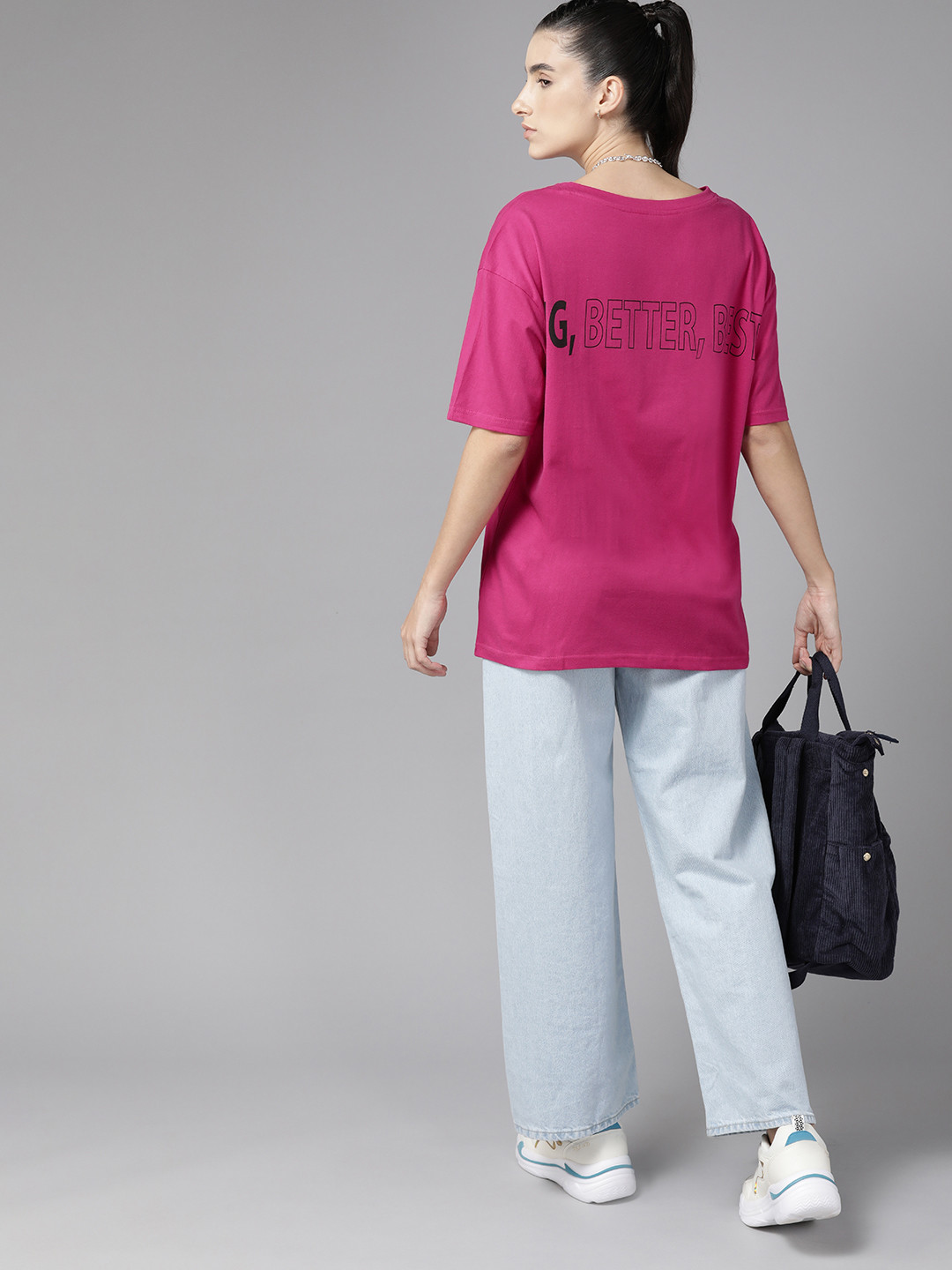 

Roadster Women Typography Printed Drop-Shoulder Sleeves Pure Cotton T-shirt, Fuchsia