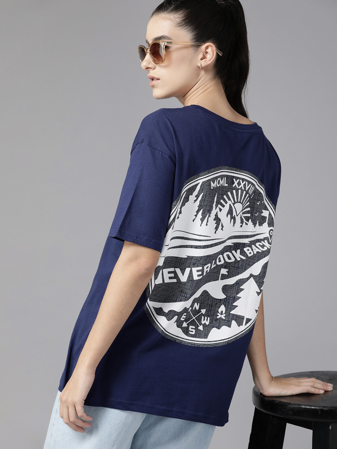 

Roadster Women Printed Drop-Shoulder Sleeves Pure Cotton T-shirt, Navy blue