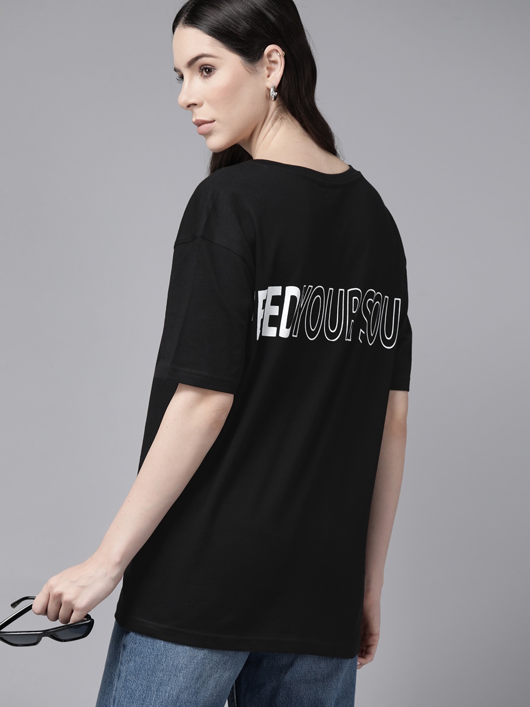 

Roadster Women Typography Printed Drop-Shoulder Sleeves Pure Cotton T-shirt, Black