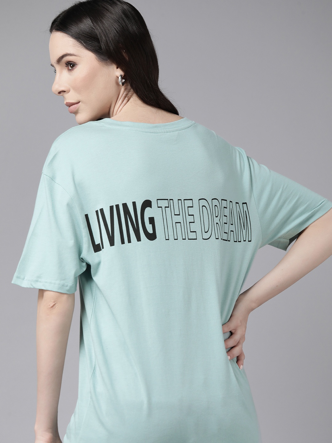 

Roadster Women Typography Printed Drop-Shoulder Sleeves Pure Cotton T-shirt, Sea green