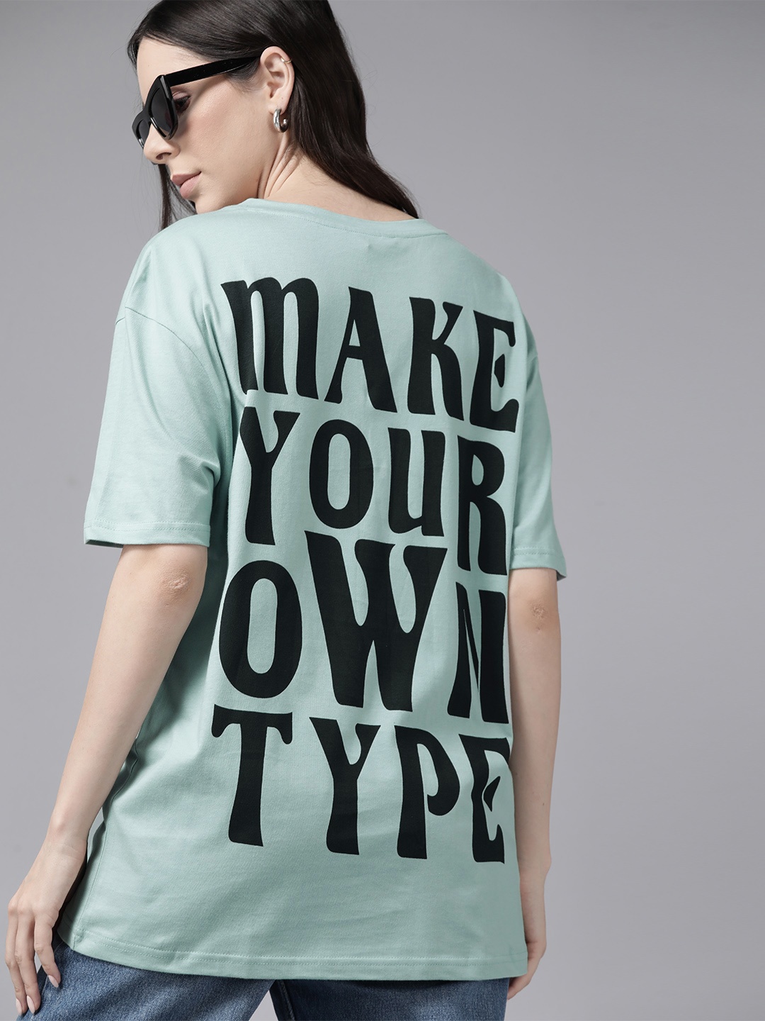 

Roadster Women Typography Printed Drop-Shoulder Sleeves Pure Cotton T-shirt, Sea green