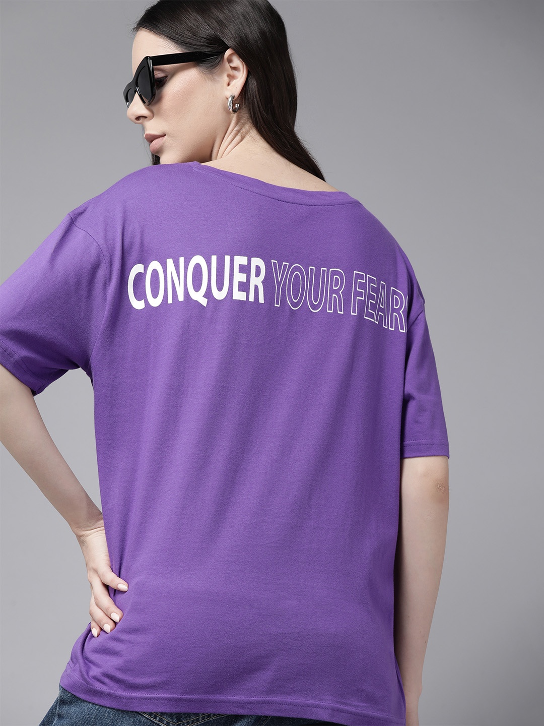 

Roadster Women Typography Printed Drop-Shoulder Sleeves Pure Cotton T-shirt, Purple