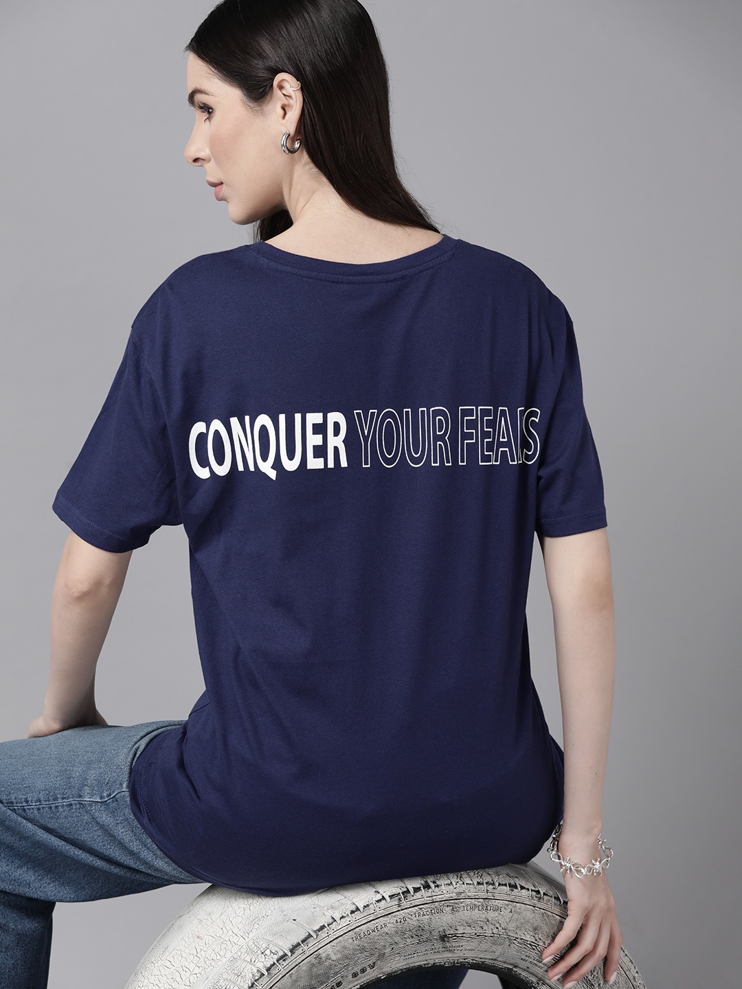 

Roadster Women Typography Printed Drop-Shoulder Sleeves Pure Cotton T-shirt, Navy blue