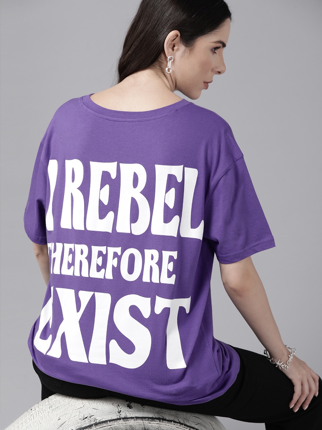 

Roadster Women Typography Printed Drop-Shoulder Sleeves Pure Cotton T-shirt, Purple