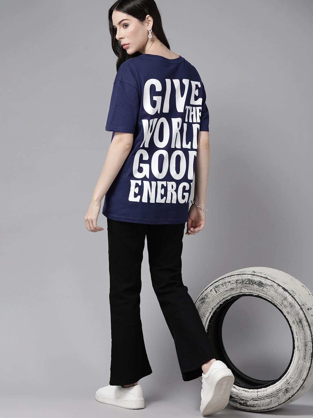 

Roadster Women Typography Printed Drop-Shoulder Sleeves Pure Cotton T-shirt, Navy blue