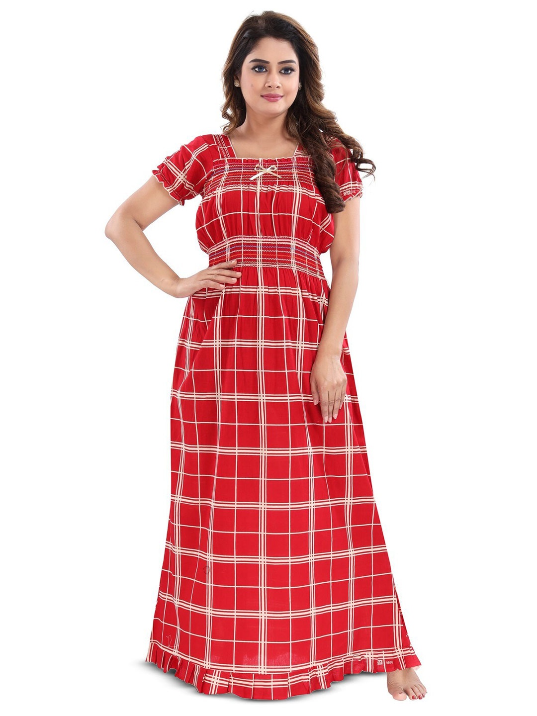 

Inner Beats Checked Printed Maxi Nightdress, Red