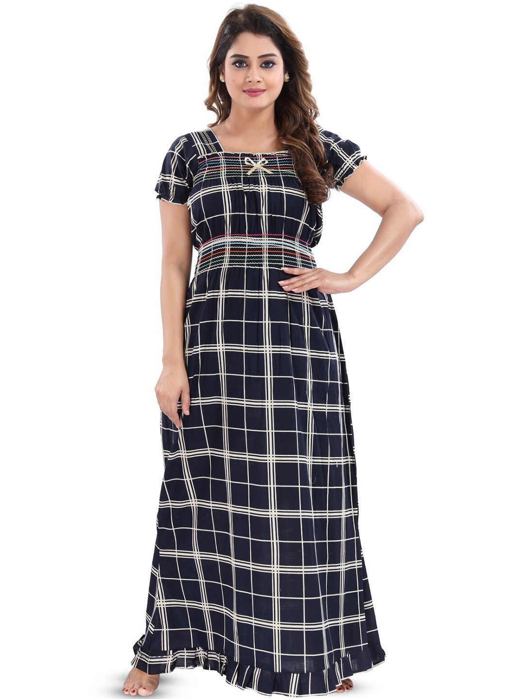

Inner Beats Square Neck Checked Maxi Nightdress, Black