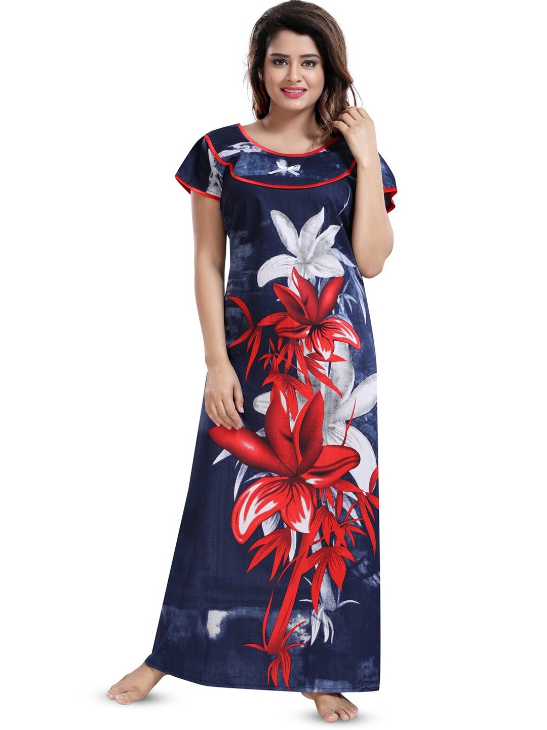 

Inner Beats Navy Blue Printed Maxi Nightdress