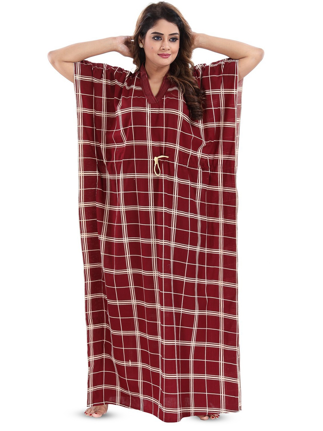 

Inner Beats Checked Printed Maxi Kaftan Nightdress, Maroon