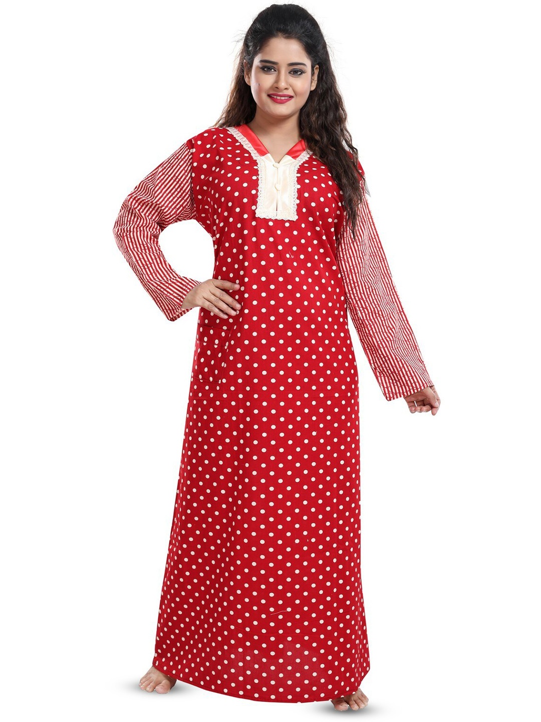 

Inner Beats Polka Dots Printed Maxi Nightdress, Red