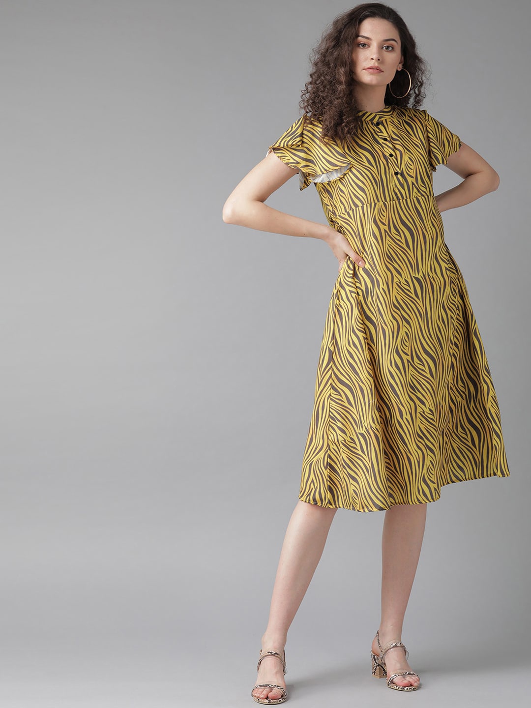 

AKS Animal Printed Flared Sleeves A-Line Dress, Yellow