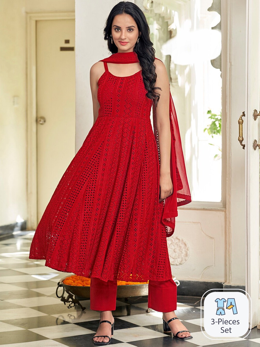 

PRENEA Geometric Self Design Anarkali Kurta with Trousers & With Dupatta, Red