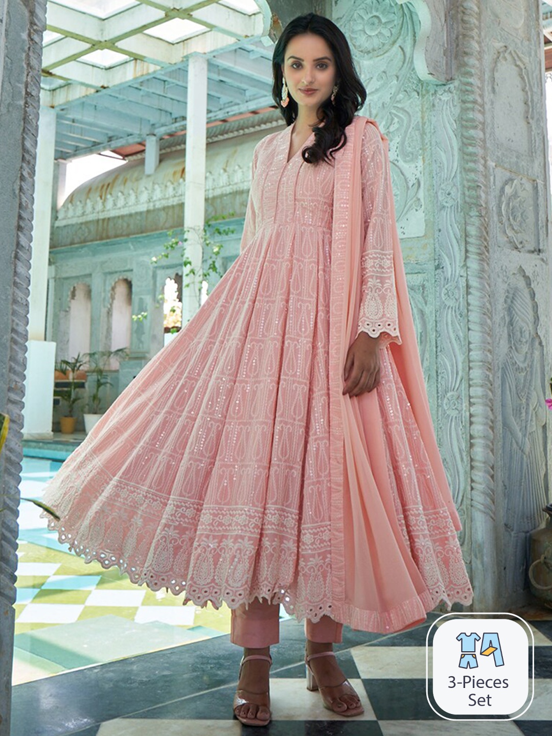 

PRENEA Ethnic Motifs Embroidered Anarkali Sequinned Kurta with Trousers & With Dupatta, Peach
