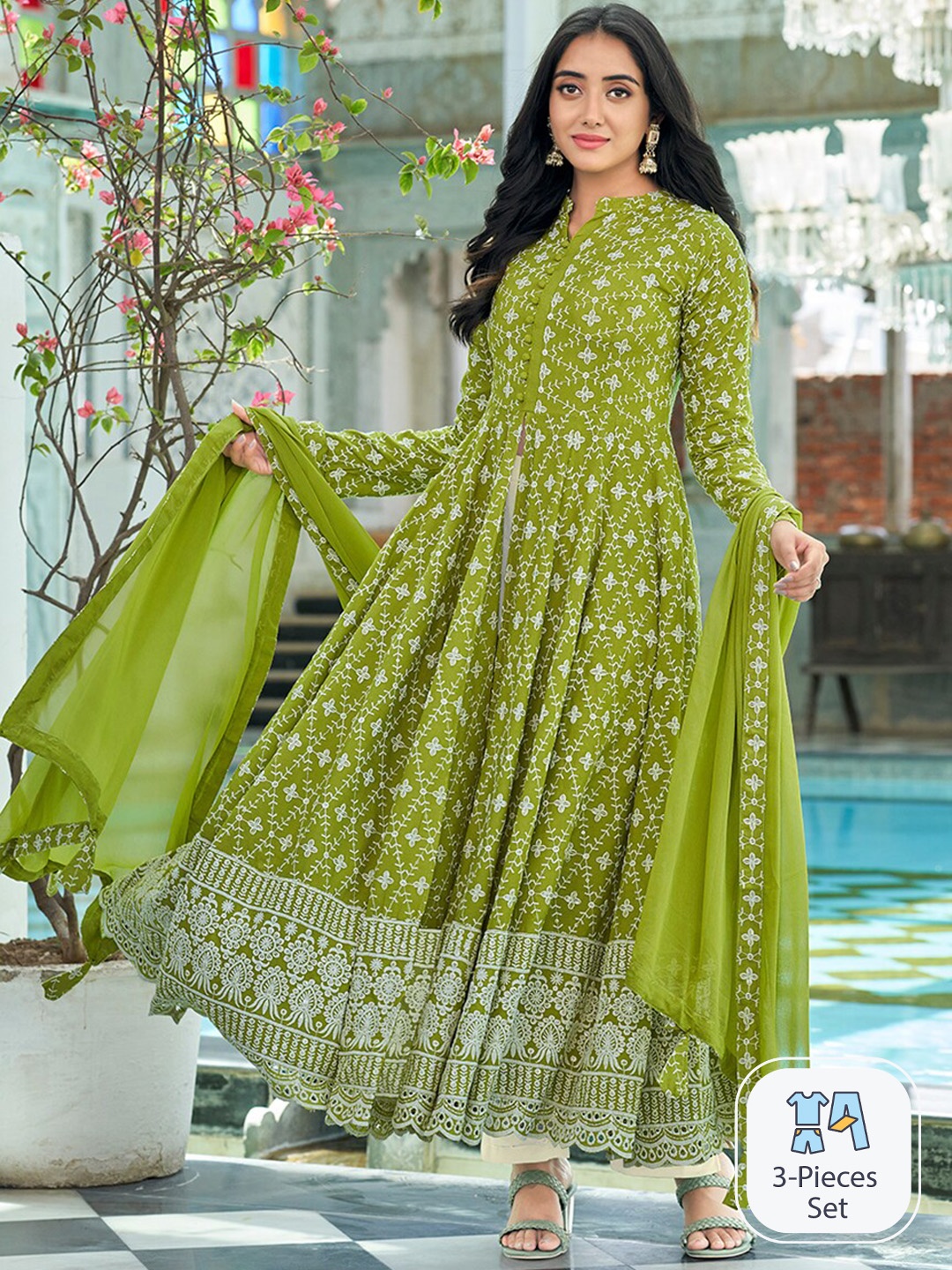 

PRENEA Floral Embroidered High Slit Thread Work Kurta with Trousers & With Dupatta, Lime green