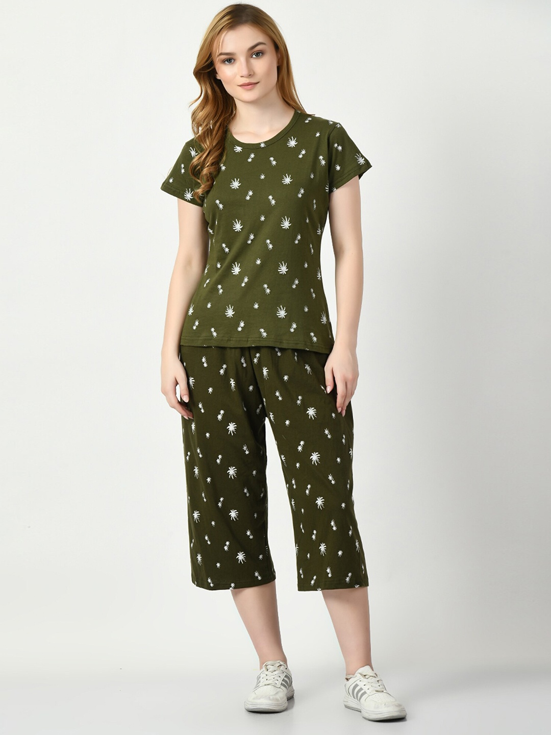 

BAESD Printed Pure Cotton T-Shirt & Capri Night Suit Set, Olive