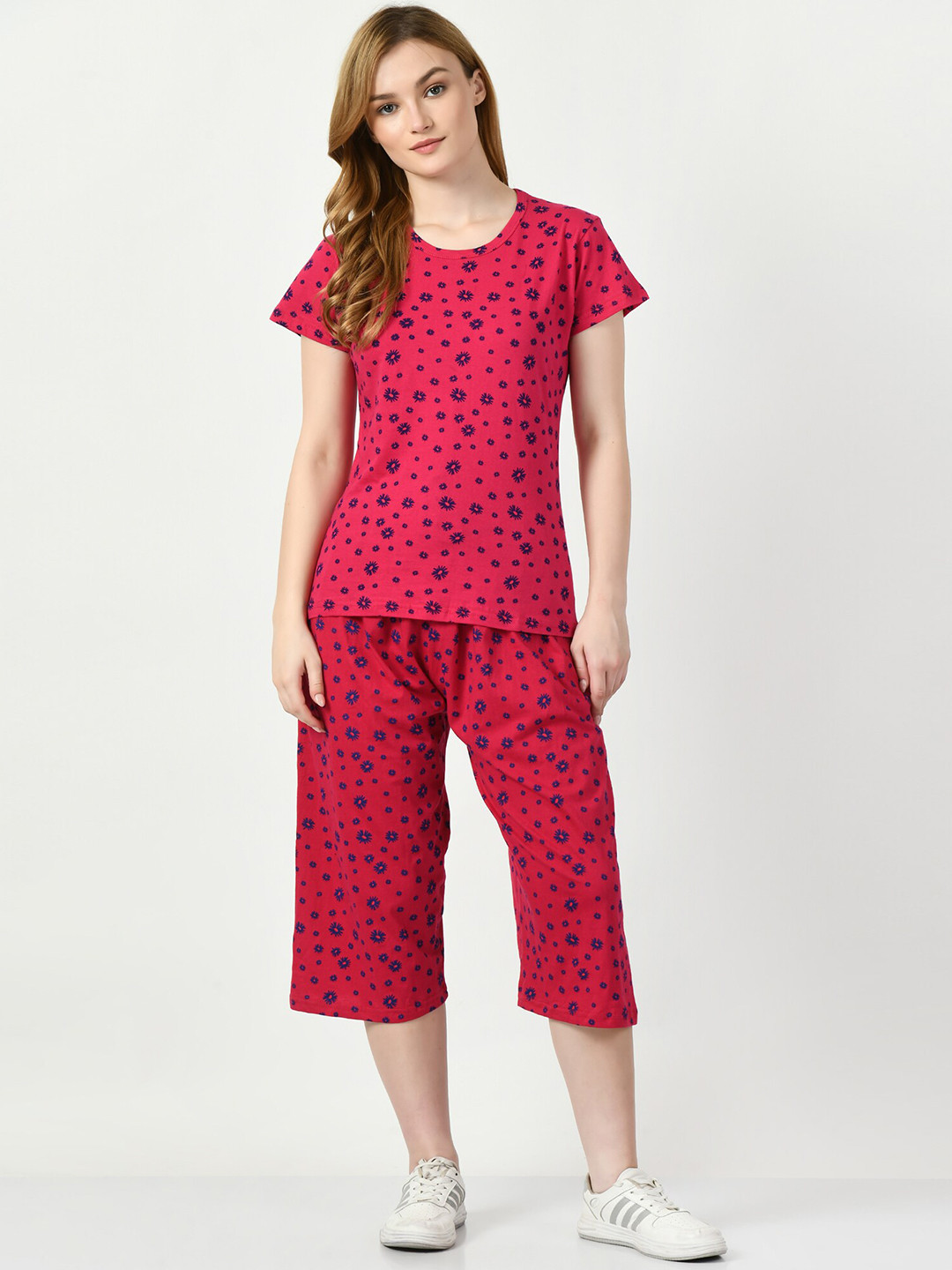 

BAESD Printed Pure Cotton T-Shirt & Capri Night Suit Set, Magenta