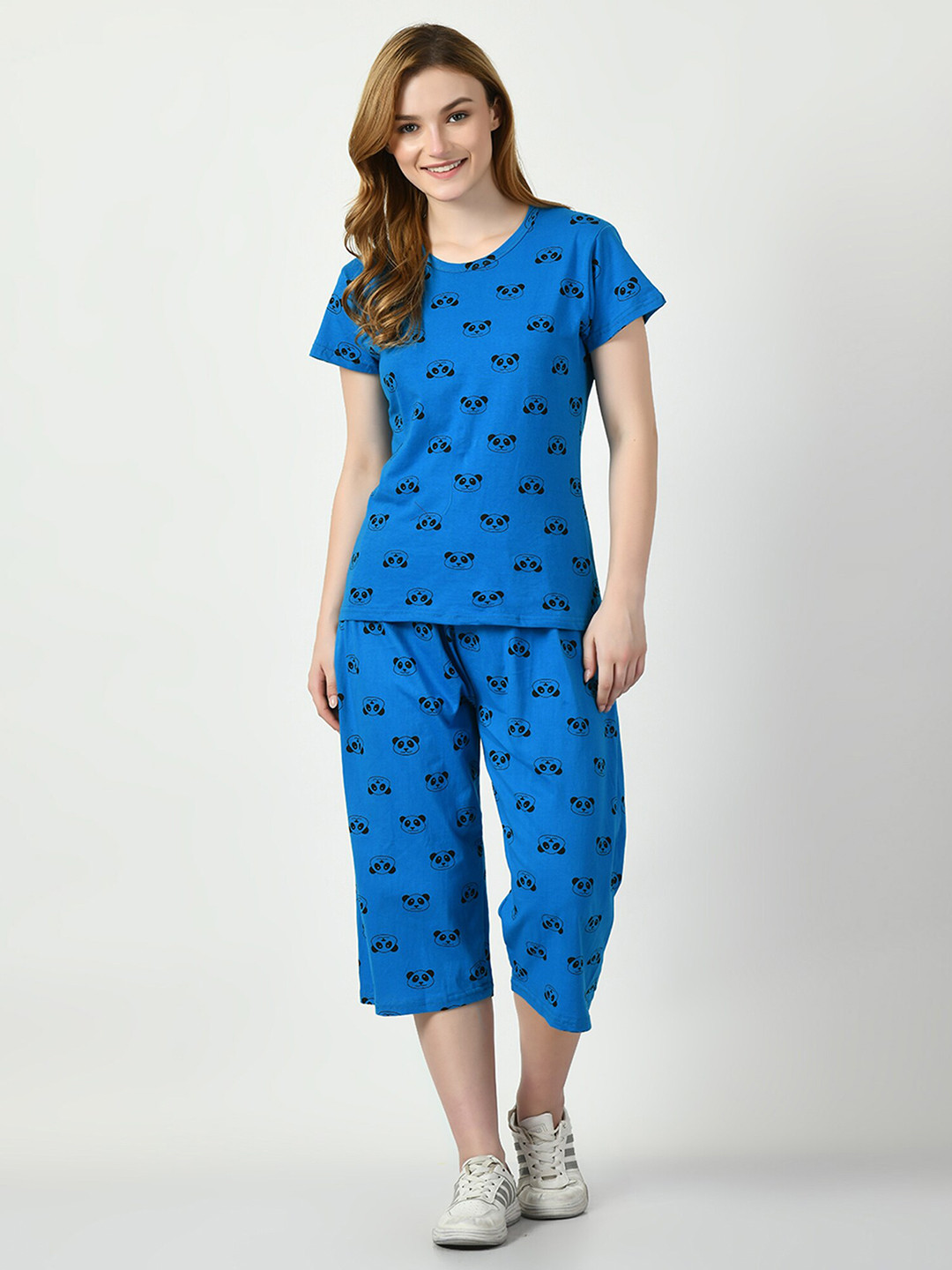 

BAESD Printed Pure Cotton T-Shirt & Capri Night Suit Set, Blue