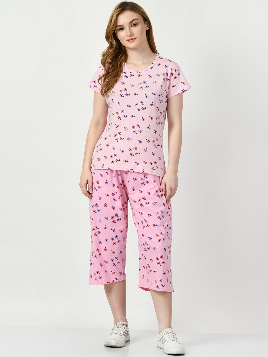 

BAESD Printed Cotton T-Shirt & Capri Night Suit Set, Pink