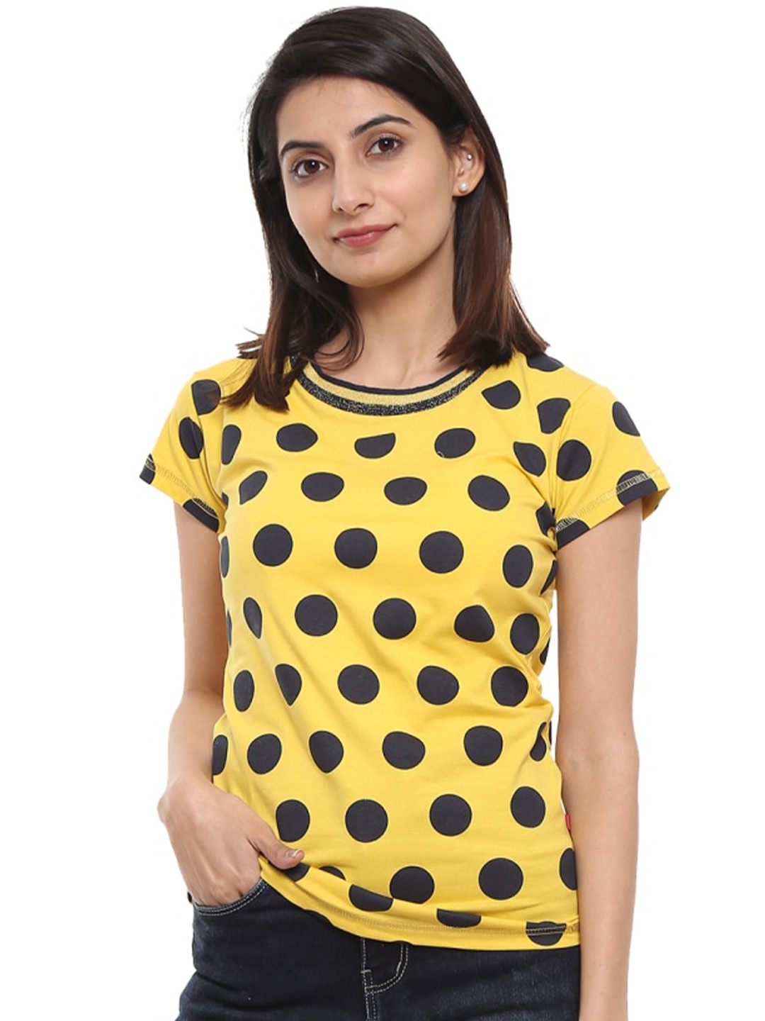

V-Mart Polka Dots Printed Regular Fit Cotton T-shirt, Yellow