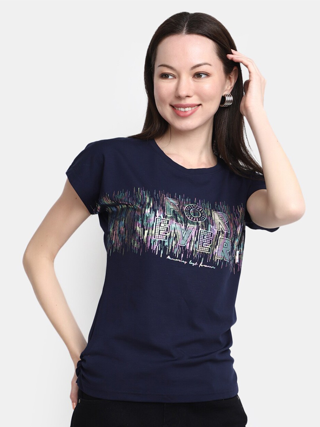 

V-Mart Typography Printed Extended Sleeves Cotton T-Shirt, Blue