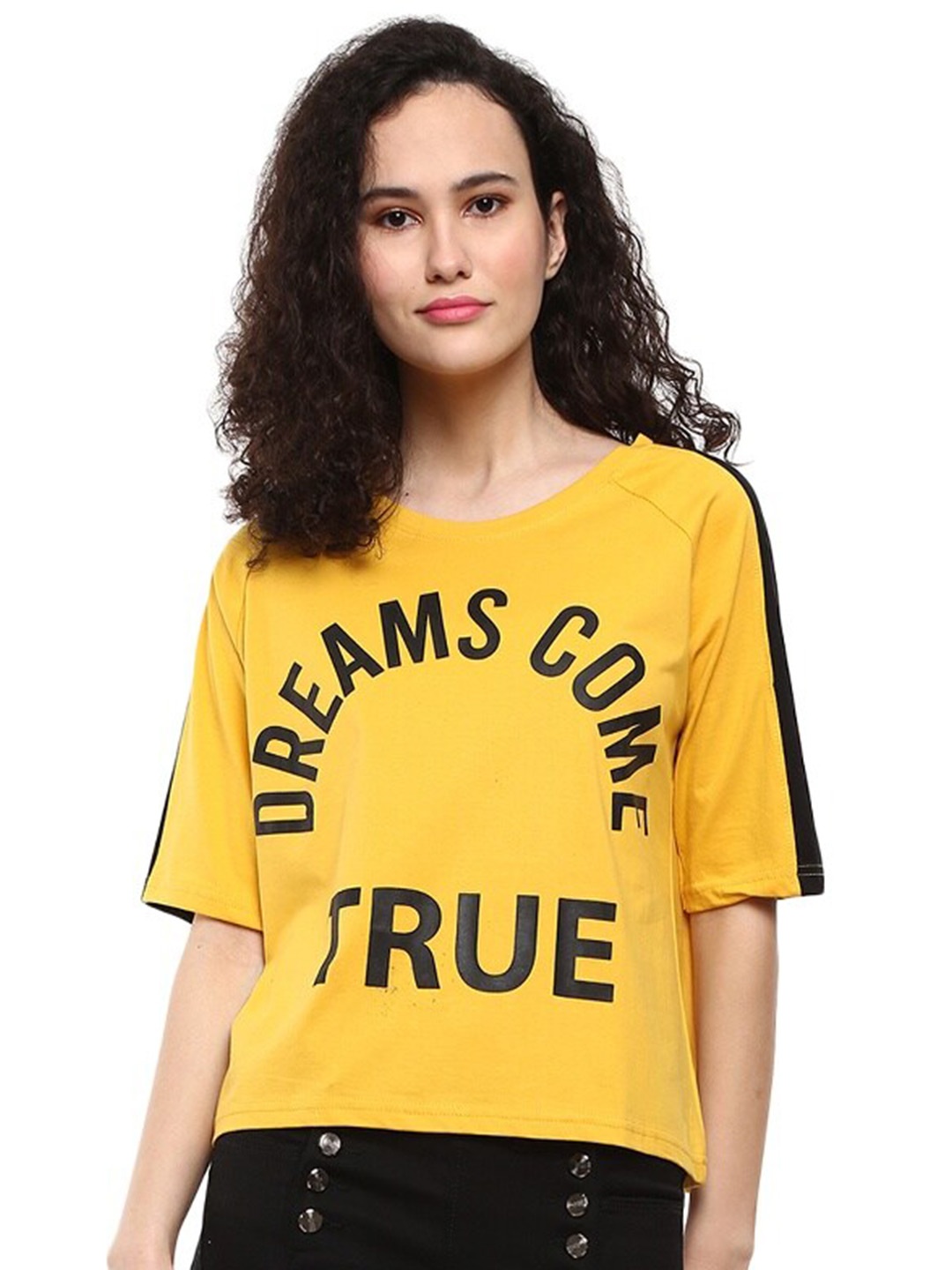 

V-Mart Typography Printed Raglan Sleeves Pure Cotton Casual T-shirt, Gold