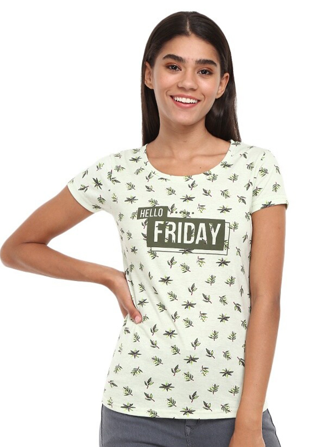 

V-Mart Typography Printed Round Neck Cotton T-shirt, Green