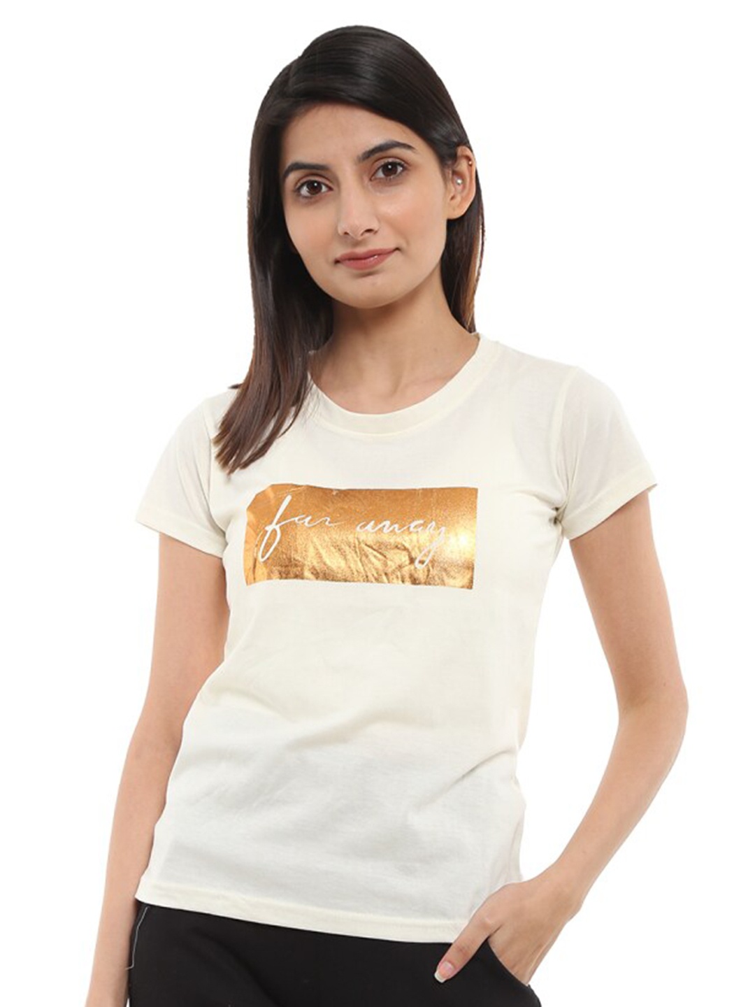 

V-Mart Women Printed Cotton T-shirt, Off white