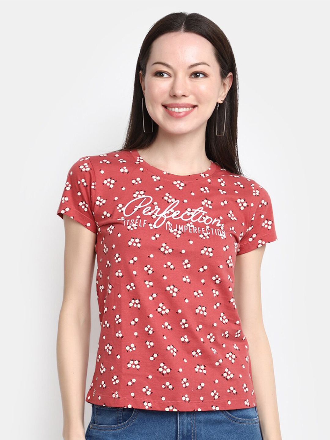 

V-Mart Floral Printed Cotton T-shirt, Red