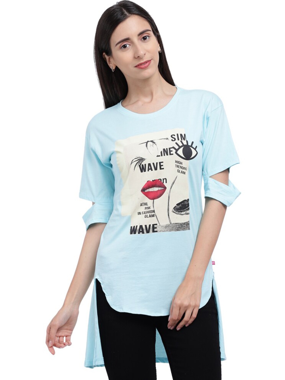 

V-Mart Graphic Printed Cut-Out Longline Cotton T-shirt, Blue