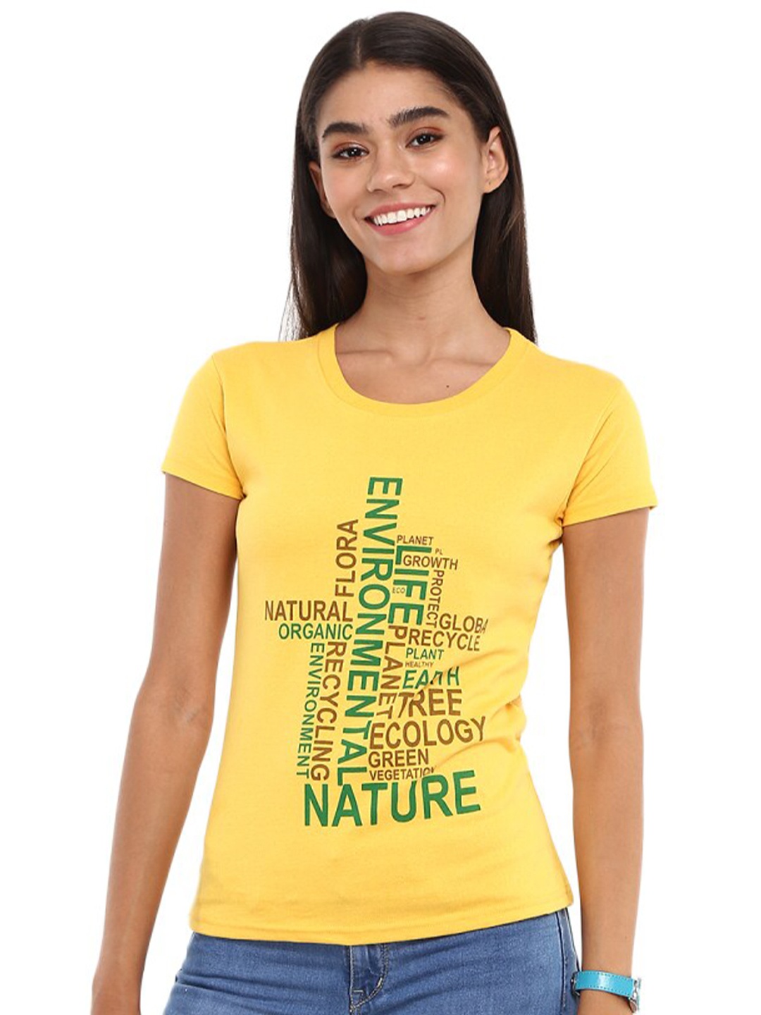 V-Mart Typography Printed Cotton T-shirt, Yellow