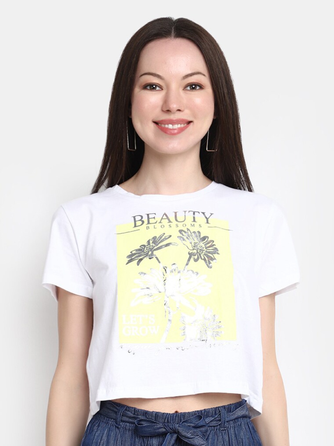

V-Mart Floral Printed Round Neck Cotton T-shirt, White