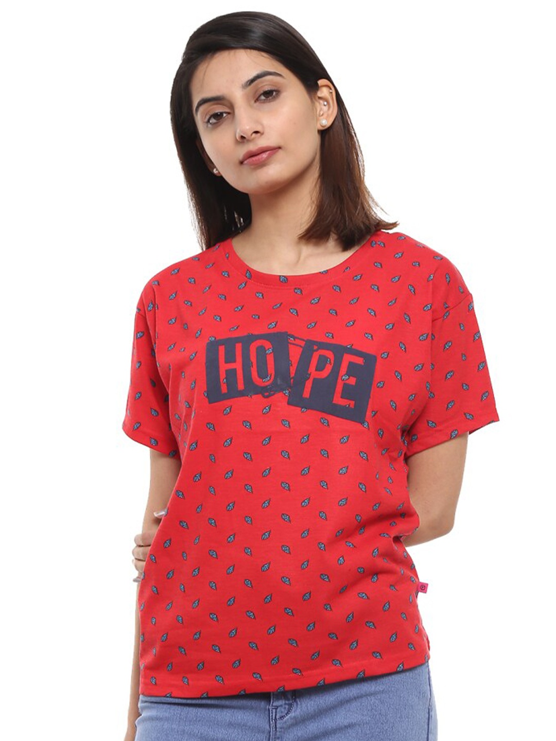 

V-Mart Typography Printed Drop-Shoulder Sleeves Cotton T-Shirt, Red