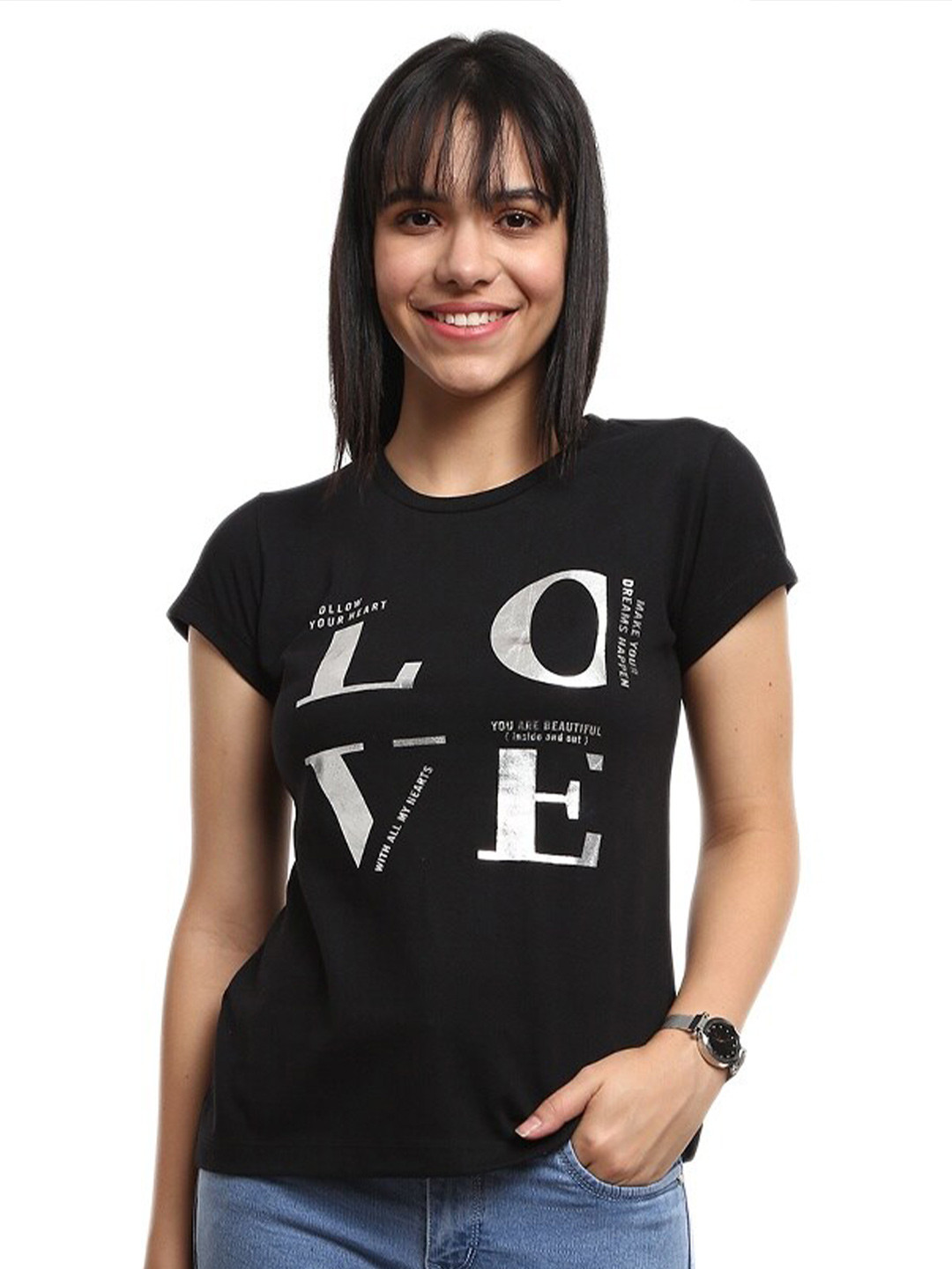 

V-Mart Typography Printed Cotton T-shirt, Black