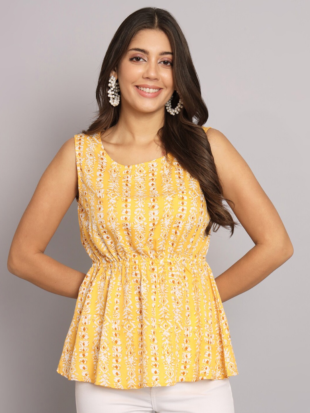 

HELLO DESIGN Ethnic Motifs Printed Crepe Cinched Waist Top, Mustard