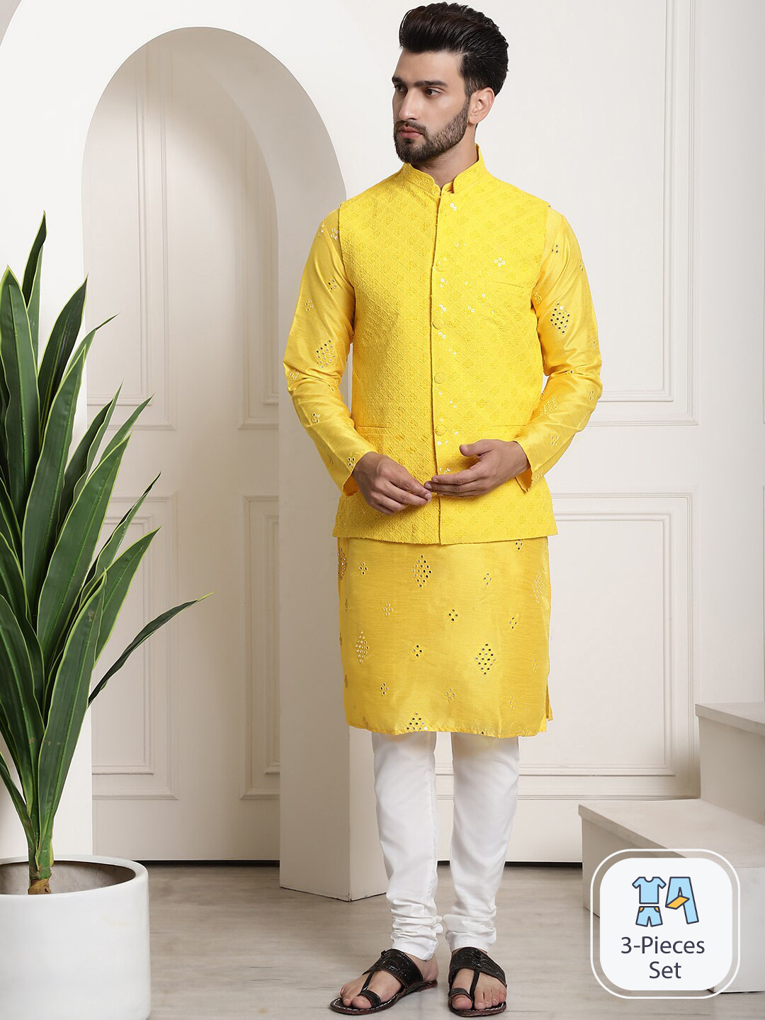 

SOJANYA Ethnic Motifs Embroidered Straight Cotton Kurta With Churidar With Nehru Jacket, Yellow
