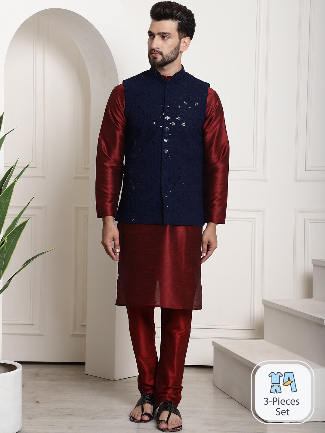 

SOJANYA Mandarin Collar Dupion Silk Straight Kurta With Churidar & Nehru Jacket, Maroon