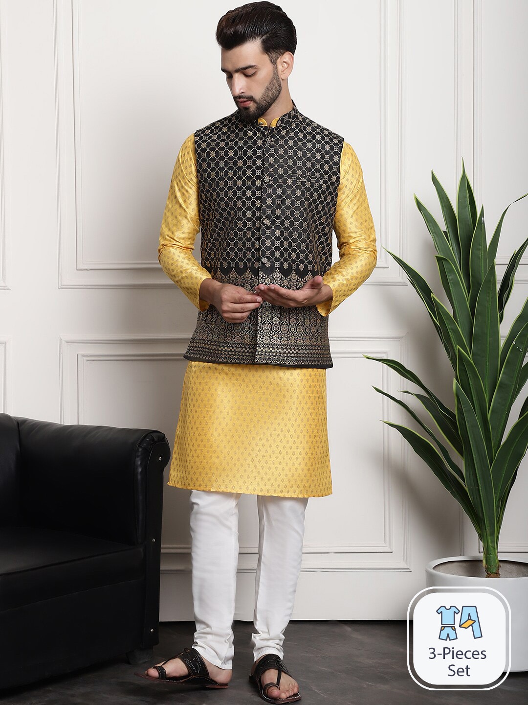 

SOJANYA Woven Design Band Collar Straight Kurta With Churidar With Nehru Jacket, Mustard