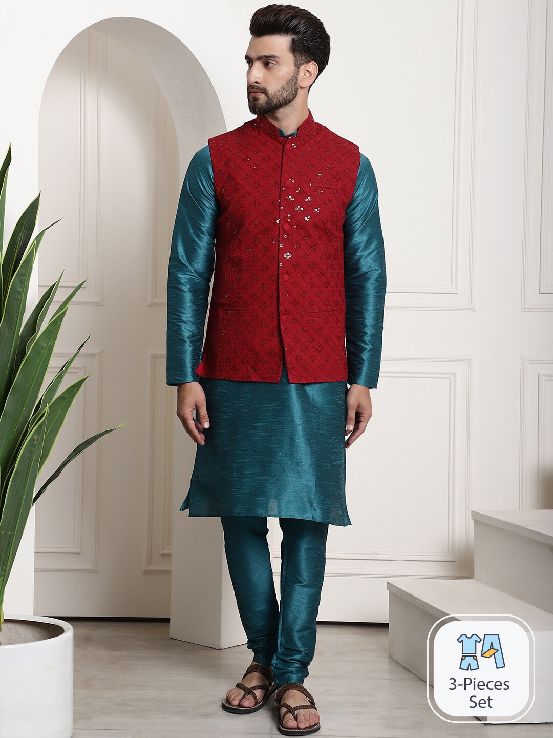 

SOJANYA Dupion Silk Kurta With Pyjamas & Nehru Jacket, Green