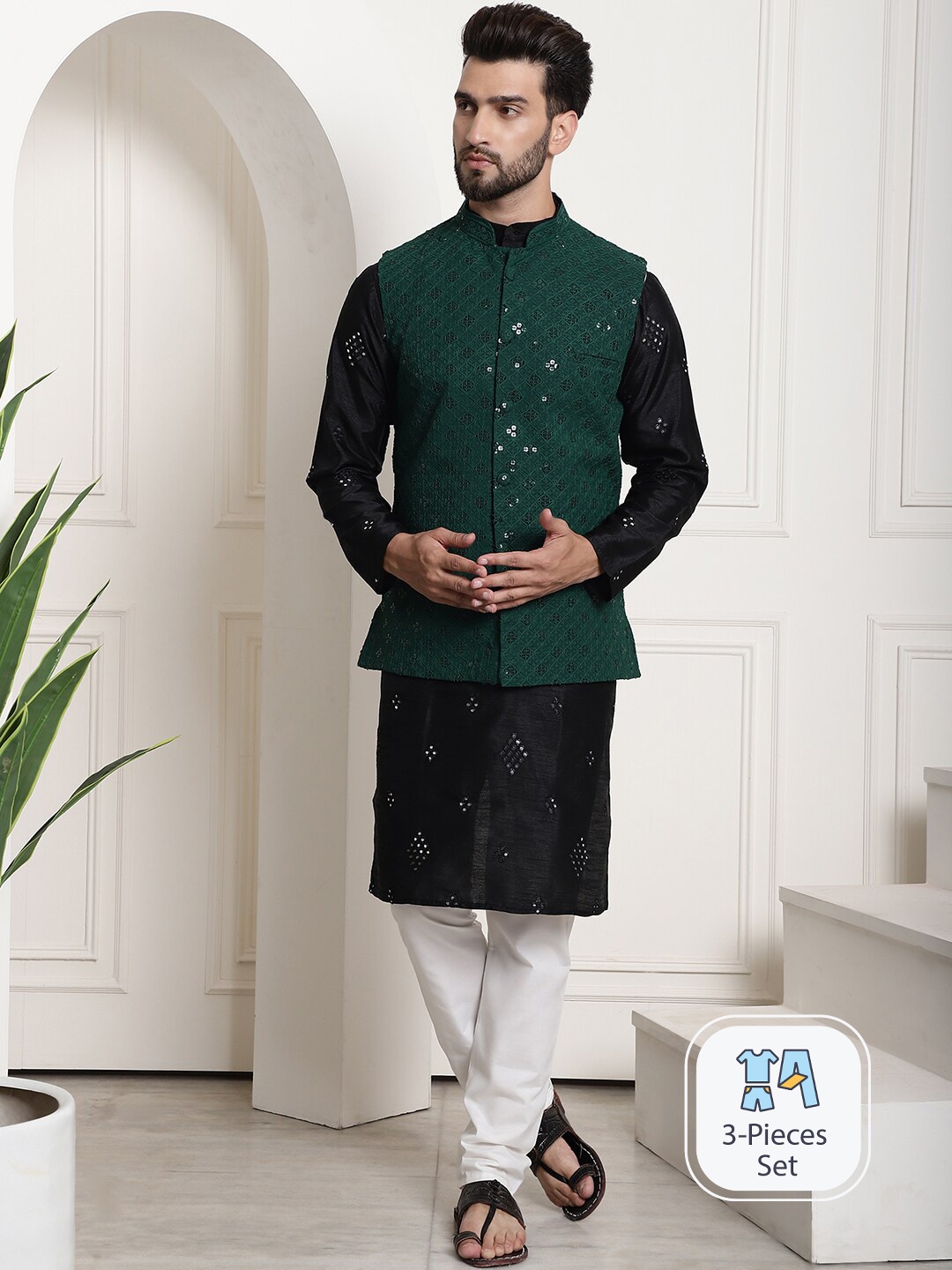 

SOJANYA Ethnic Motifs Embroidered Regular Mirror Work Kurta With Pyjama & Nehru Jacket, Black