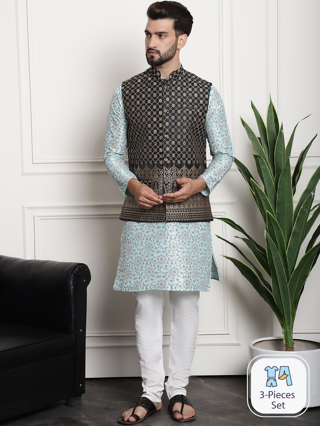 

SOJANYA Floral Printed Regular Silk Cotton Kurta With Pyjama & Woven Design Nehru Jacket, Sea green